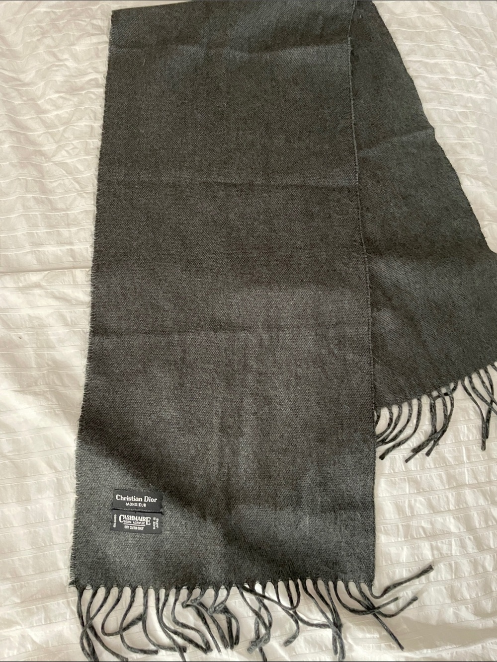 Christian Dior Monsieur Dark Charcoal Gray Cashmaire Vintage Scarf with Fringe